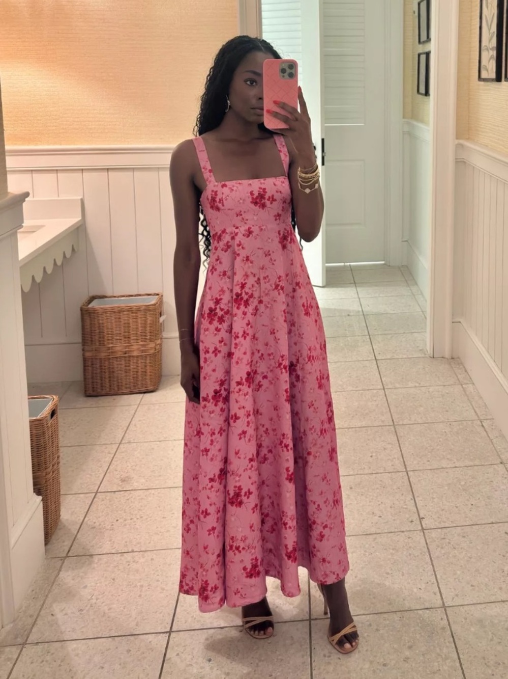 Pink Floral Midi Dress with Square Neck